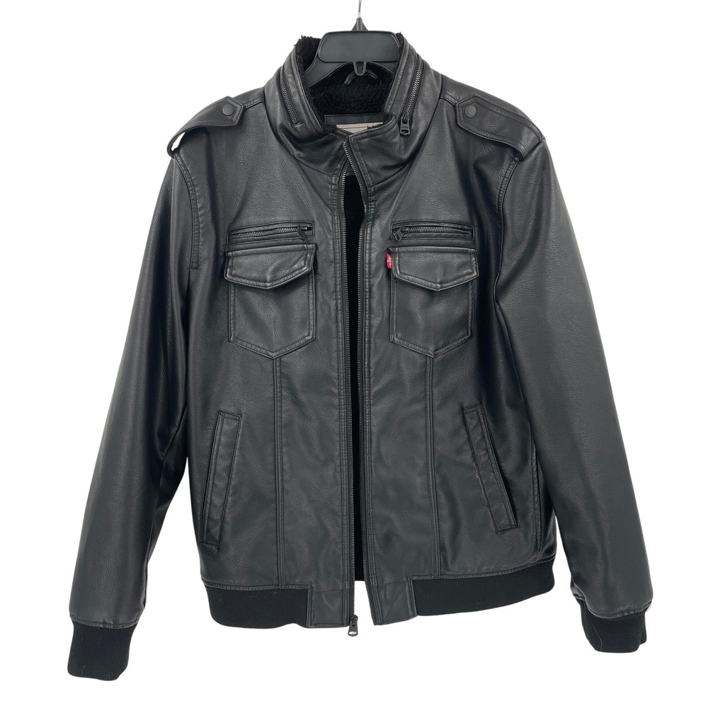 Levi Bomber Jacket Mens XL Black Faux Leather Sherpa Lined Military Classic Coat